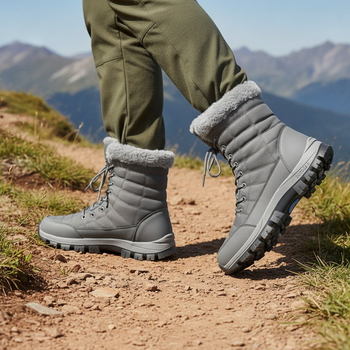 Henner Peak – Barfußschuhe für Winter und Outdoor Wanderschuhe Unisex in Grau – seitliche Gehbewegung auf dem Wanderweg