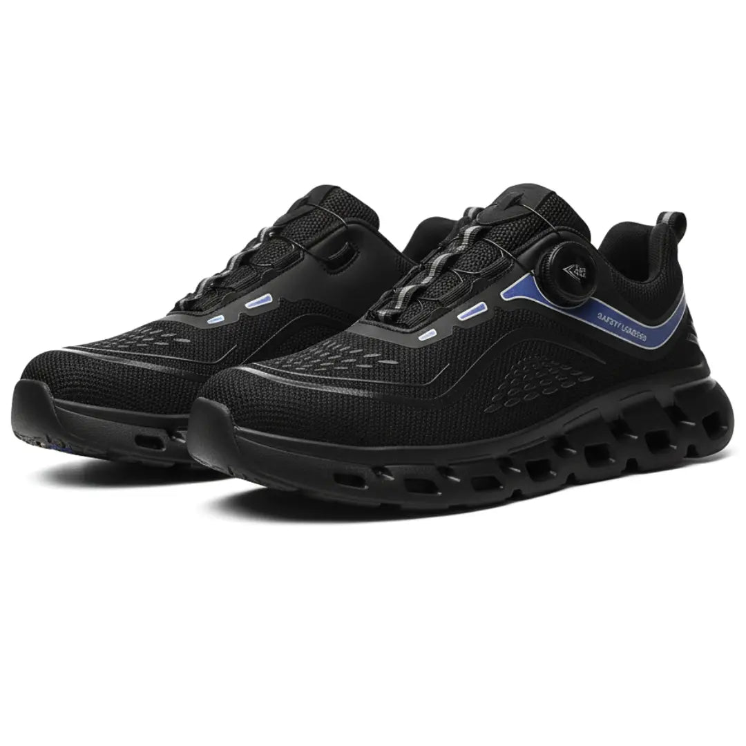 Schwarze Sicherheitsschuhe mit blauen Details und stoßfester Sohle