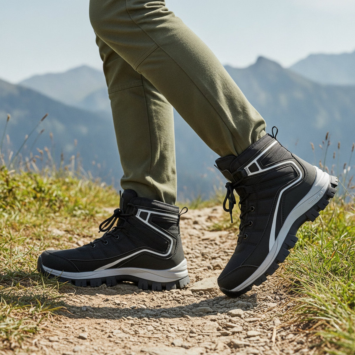 Henner Domea – Bequeme Outdoor-Schnürstiefel, warm gefüttert Wanderschuhe Damen in Schwarz – seitliche Gehbewegung auf dem Wanderweg