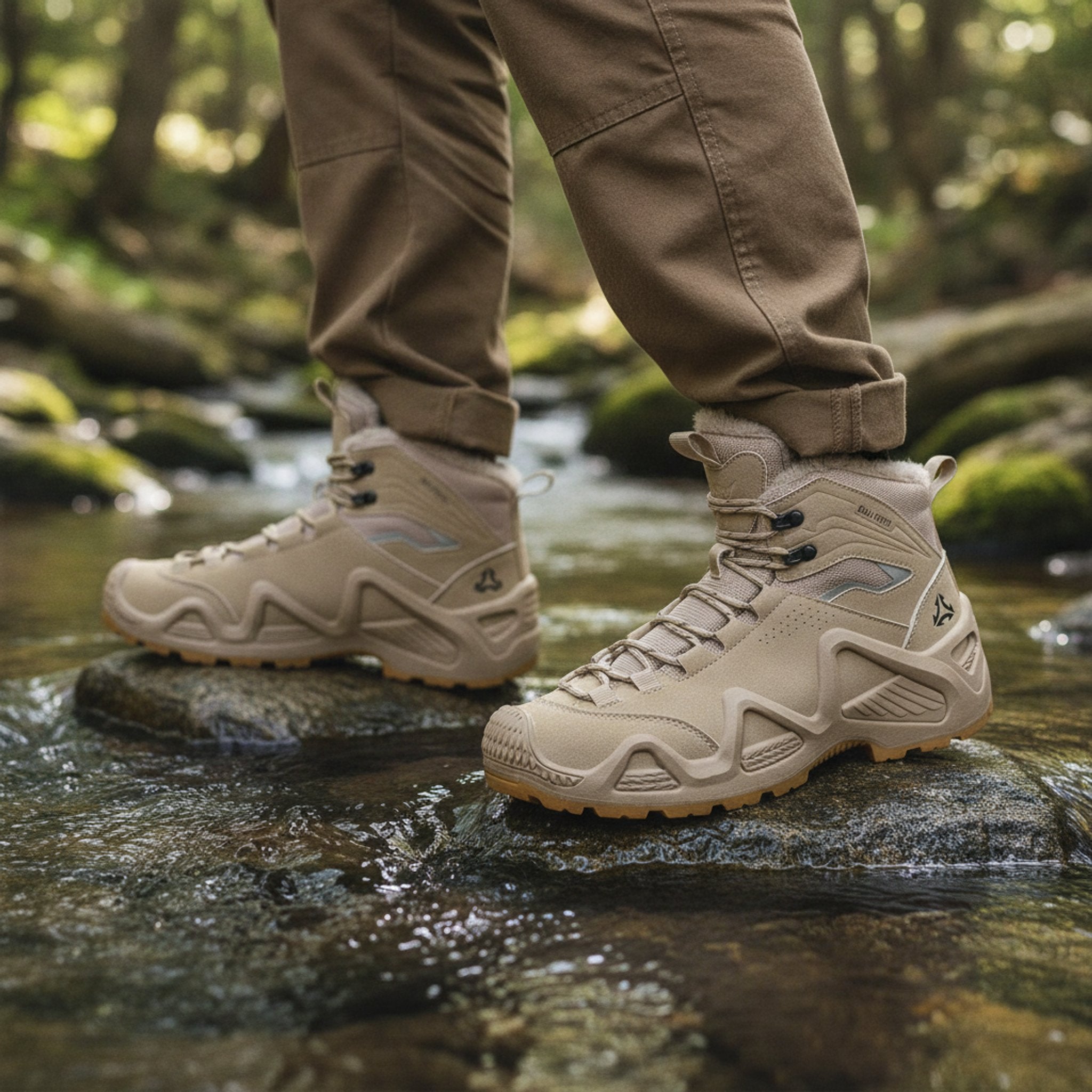 Henner Hennert Mount 2.0 Warmfutter Wanderschuhe Unisex in Beige – Überquerung eines Bachs