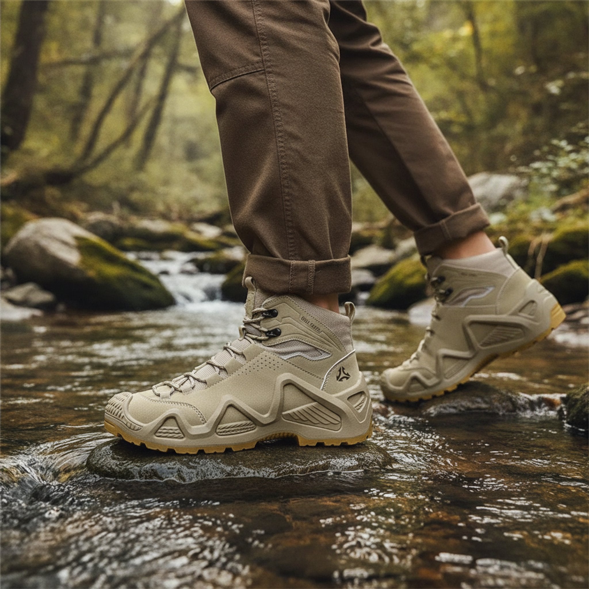 Henner Mount Wanderschuhe Unisex in Beige – Überquerung eines Bachs