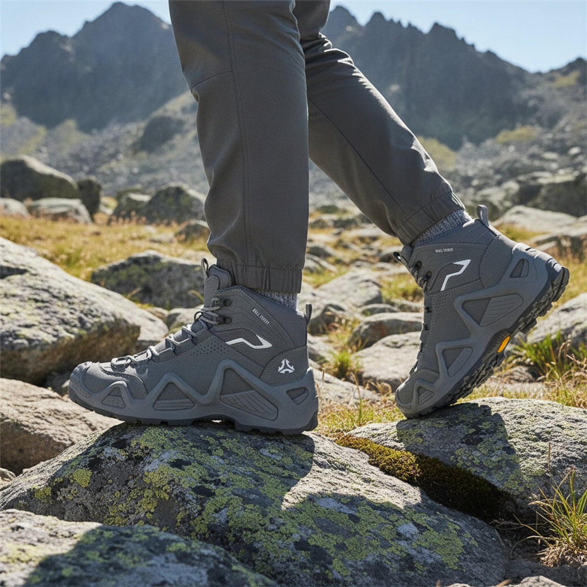 Henner Mount Wanderschuhe Unisex in Grau – Fuss auf einem Felsen am Bergpfad
