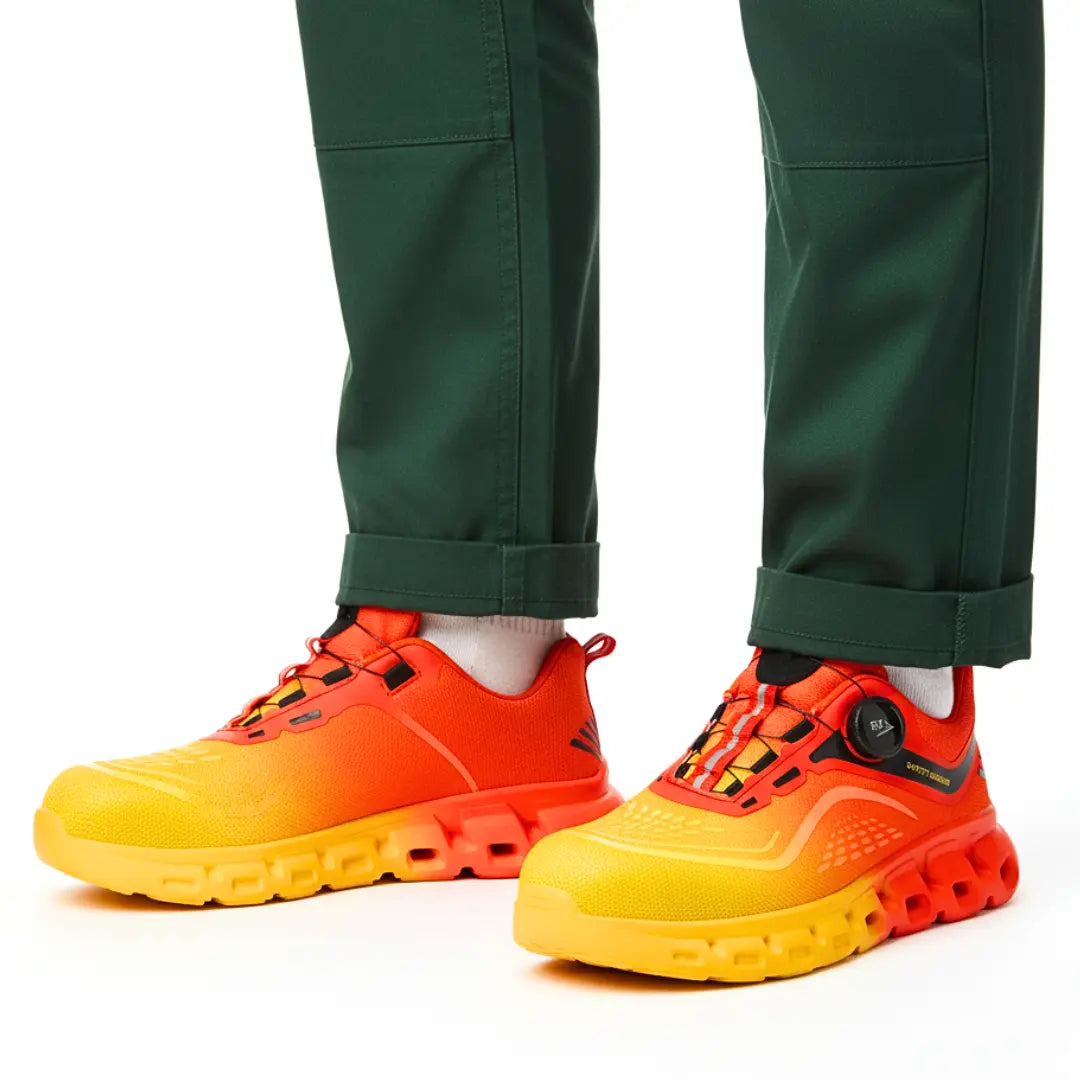 Orange-gelbe Sicherheitsschuhe getragen von Arbeiter mit grüner Hose