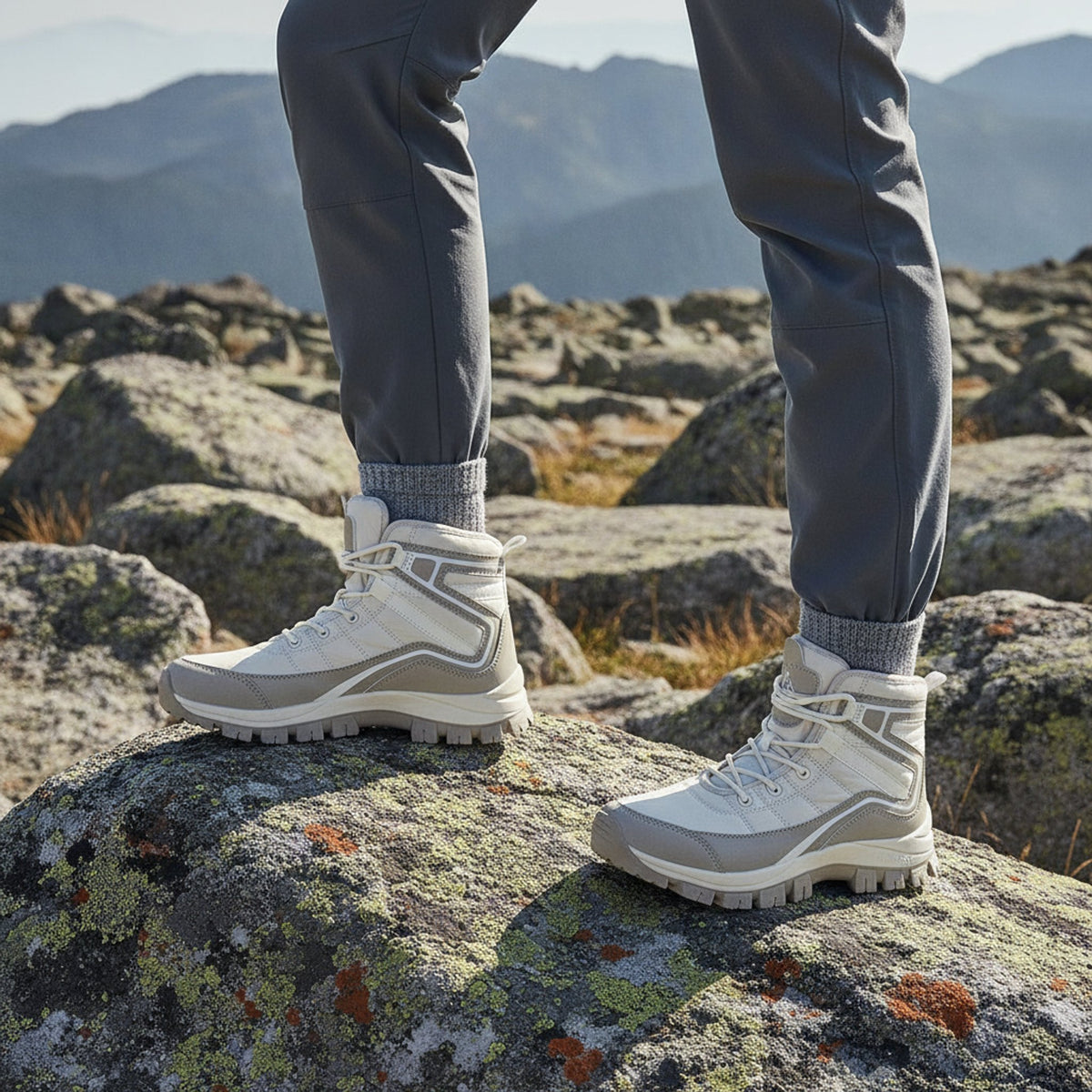 Henner Domea – Bequeme Outdoor-Schnürstiefel, warm gefüttert Wanderschuhe Damen in Beige – Fuss auf einem Felsen am Bergpfad
