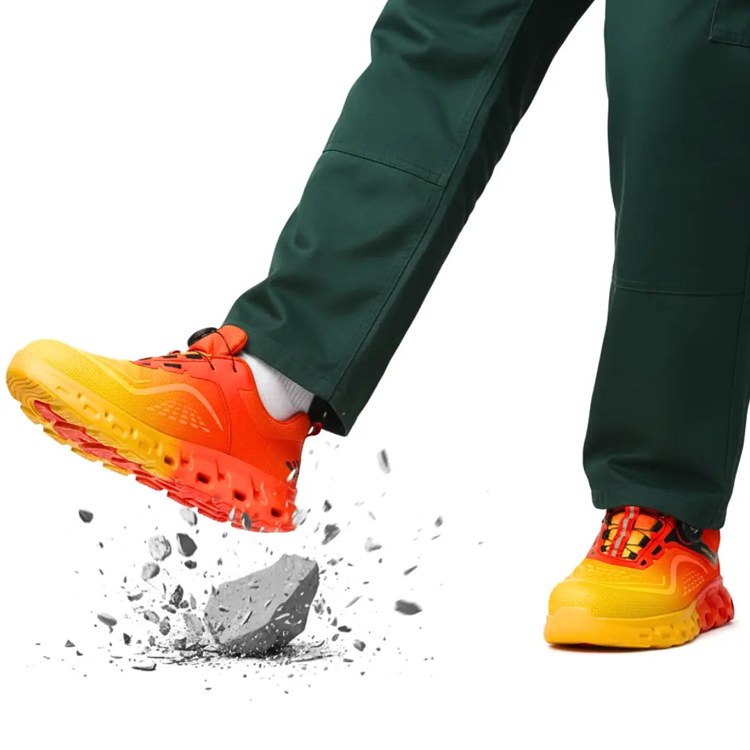 Sicherheitsschuhe in Orange und Gelb treten auf Stein – widerstandsfähige Sohle