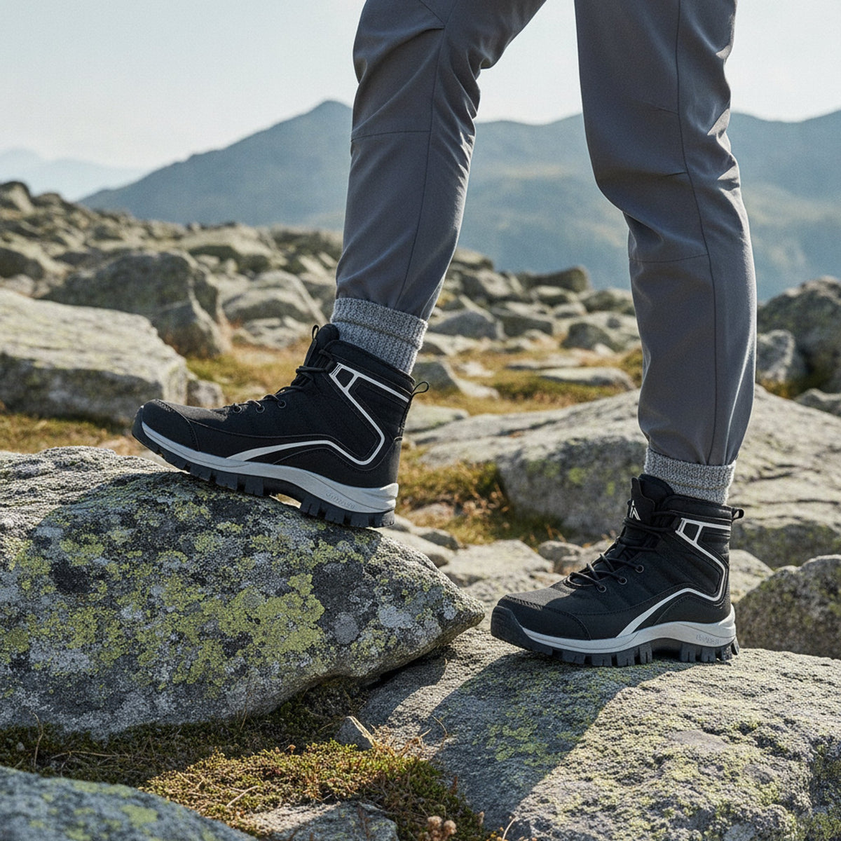 Henner Domea – Bequeme Outdoor-Schnürstiefel, warm gefüttert Wanderschuhe Damen in Schwarz – Fuss auf einem Felsen am Bergpfad