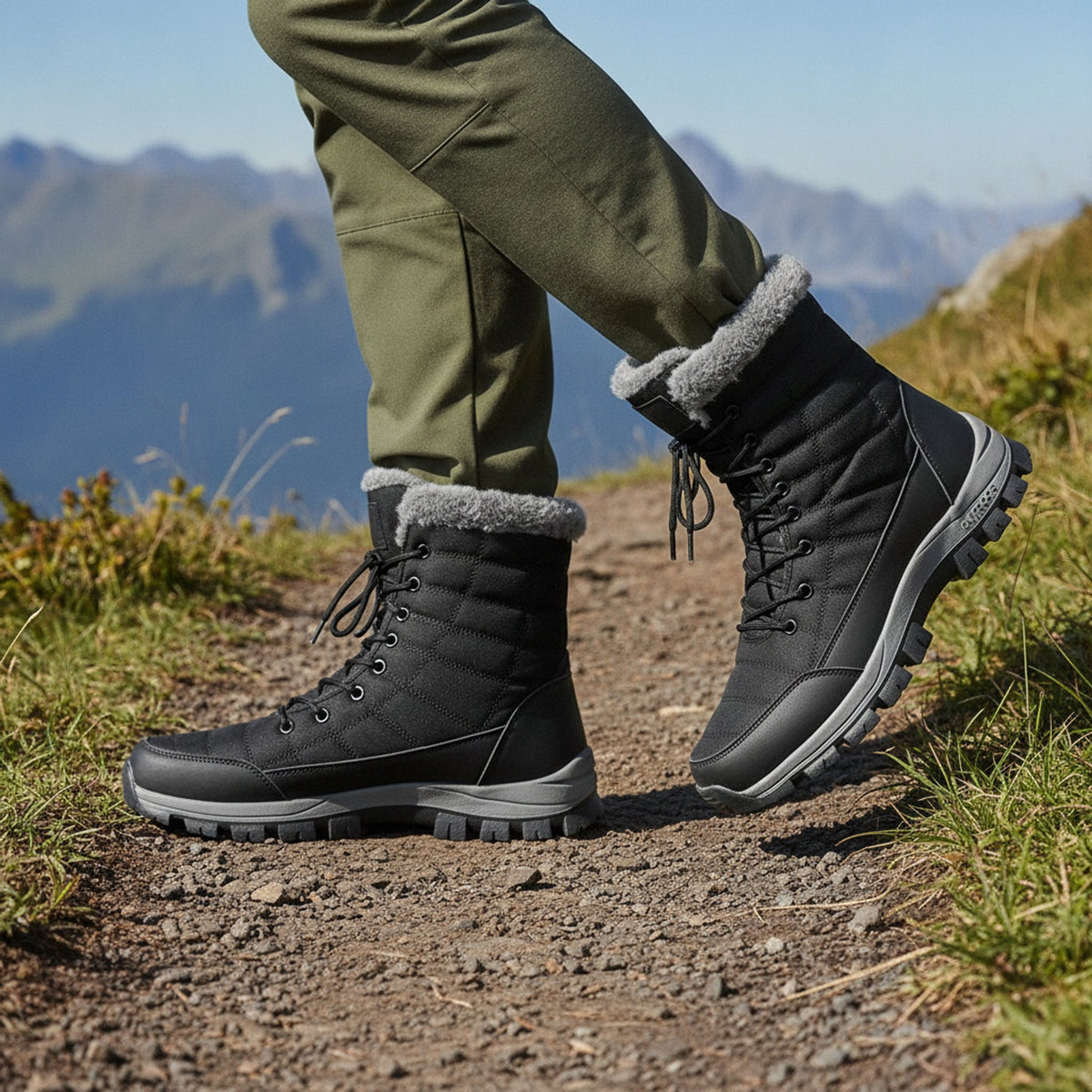 Henner Peak – Barfußschuhe für Winter und Outdoor Wanderschuhe Unisex in Schwarz – seitliche Gehbewegung auf dem Wanderweg