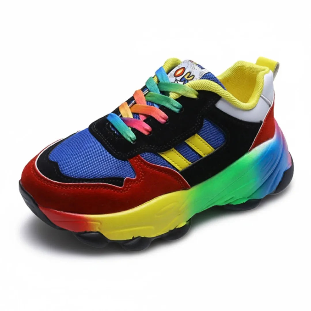 Henner Rainbow Berufsschuhe – Einzelschuh Blau/Rot/Schwarz, 3/4-Seitenansicht mit bunten Schnürsenkeln