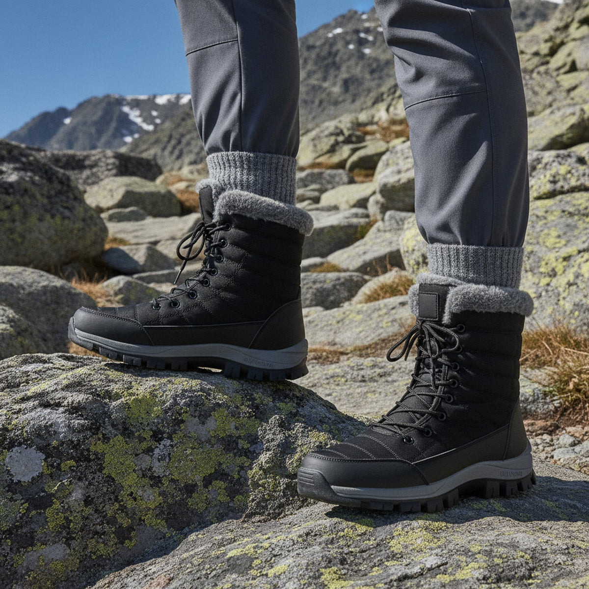 Henner Peak – Barfußschuhe für Winter und Outdoor Wanderschuhe Unisex in Schwarz – Fuss auf einem Felsen am Bergpfad