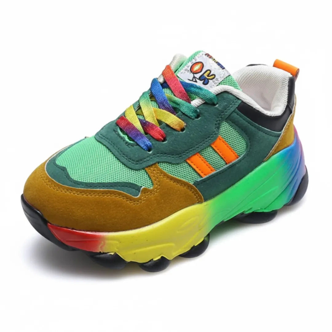 Henner Rainbow Berufsschuhe – Einzelschuh Grün/Braun, 3/4-Seitenansicht mit Regenbogen-Sohle