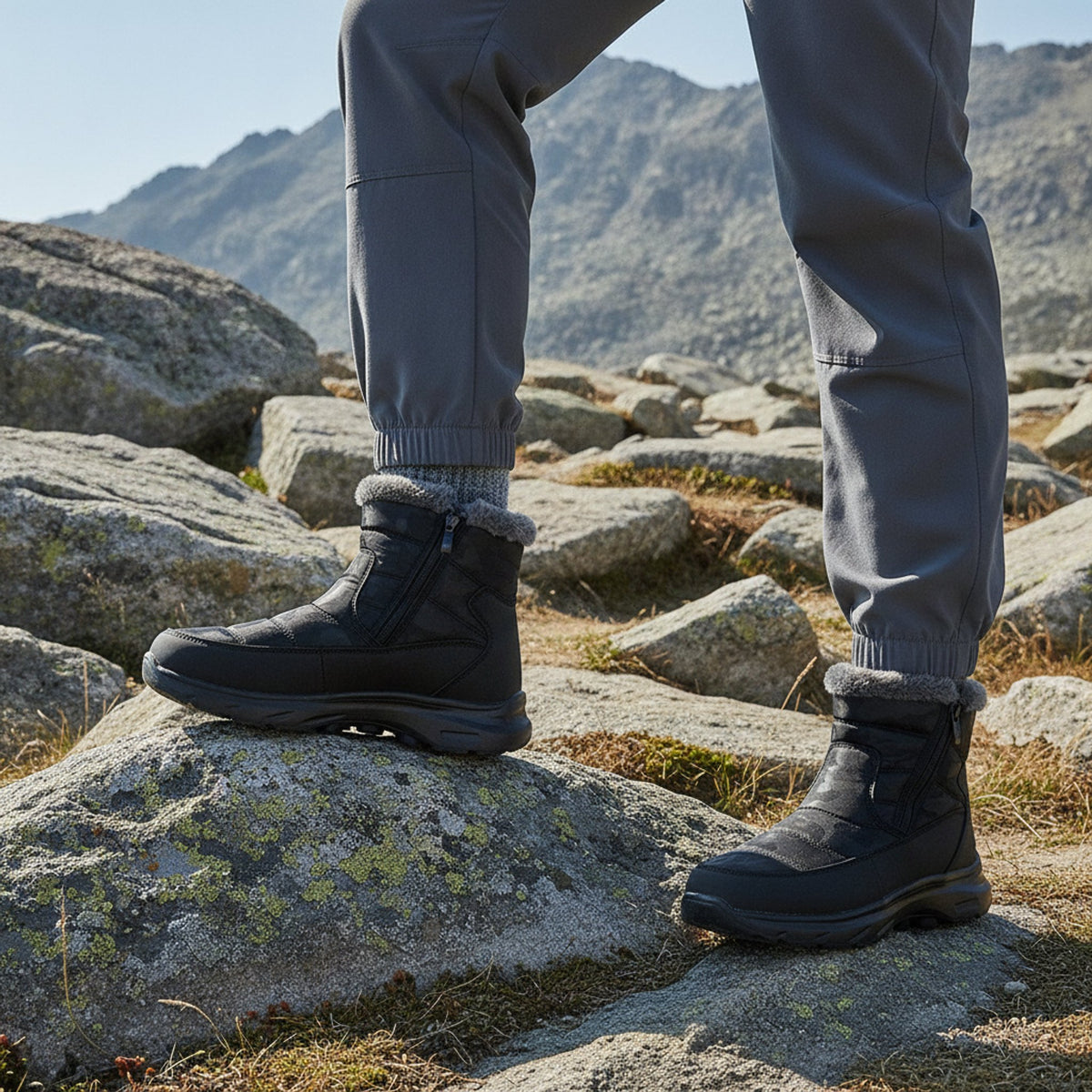 Henner Mut – Winterstiefel mit Seitlicher Reissverschluss Wanderschuhe Unisex in Schwarz – Fuss auf einem Felsen am Bergpfad