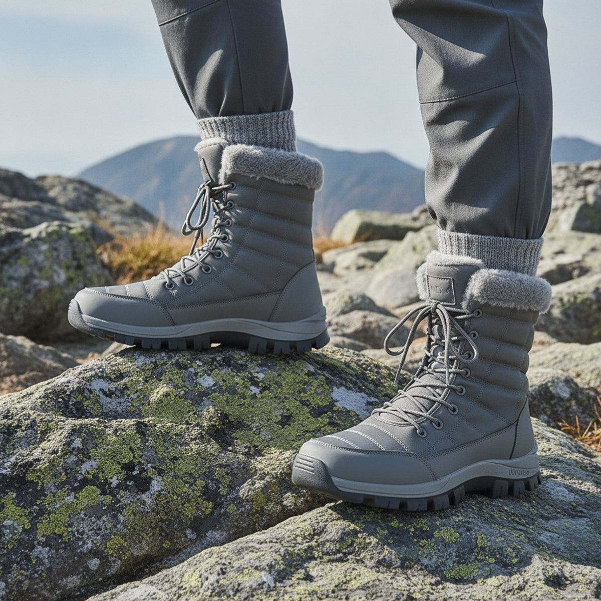 Henner Peak – Barfußschuhe für Winter und Outdoor Wanderschuhe Unisex in Grau – Fuss auf einem Felsen am Bergpfad