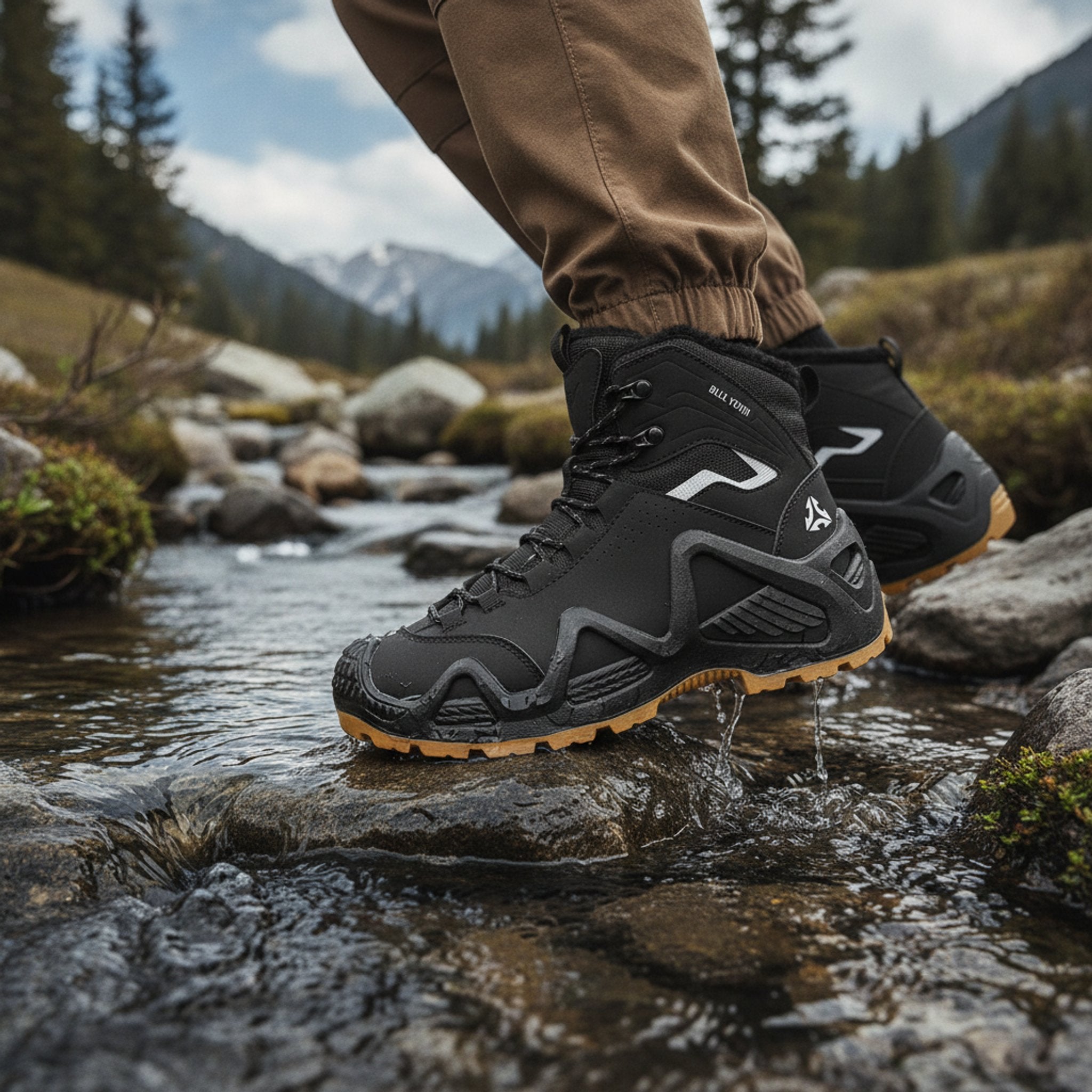 Henner Hennert Mount 2.0 Warmfutter Wanderschuhe Unisex in Schwarz – Überquerung eines Bachs