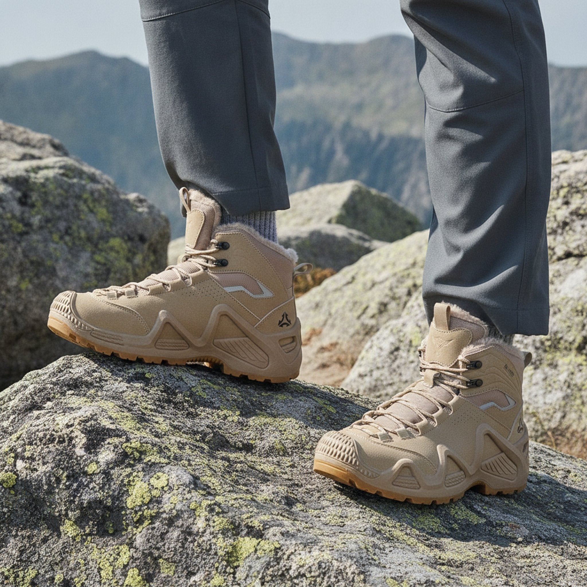 Henner Hennert Mount 2.0 Warmfutter Wanderschuhe Unisex in Beige – Fuss auf einem Felsen am Bergpfad