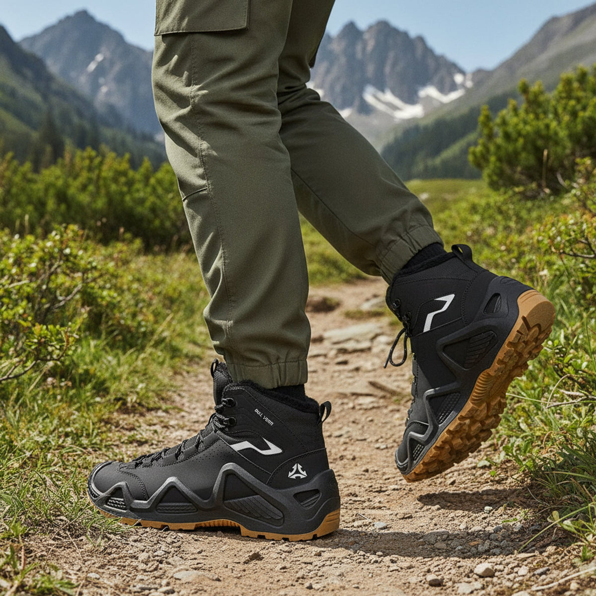 Henner Hennert Mount 2.0 Warmfutter Wanderschuhe Unisex in Schwarz – seitliche Gehbewegung auf dem Wanderweg