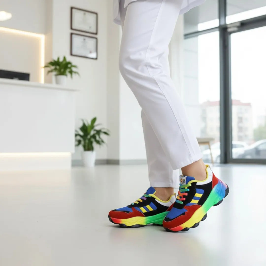 Henner Rainbow Berufsschuhe – getragen mit weißer Hose in hellem Praxis-/Office-Setting, Blau/Rot/Schwarz