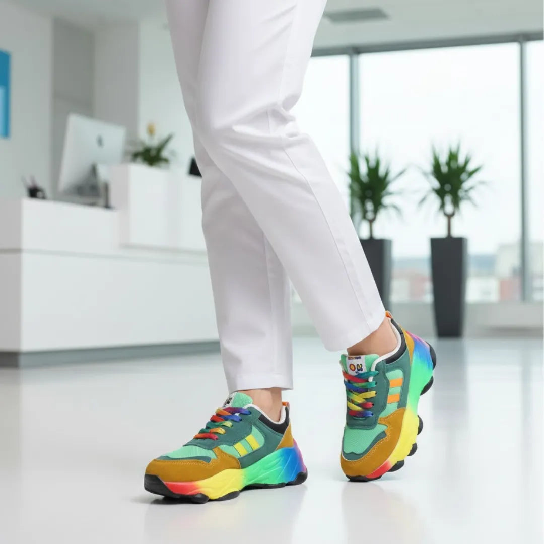 Henner Rainbow Berufsschuhe – getragen mit weißer Hose in hellem Raum, Grün/Braun mit Regenbogen-Sohle