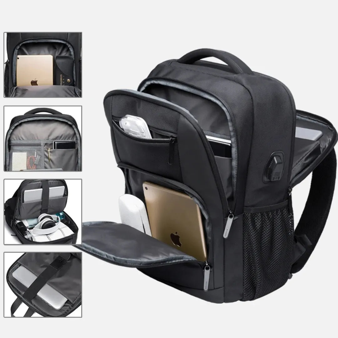 Organisations‑Collage: Fächer und Taschen des Starker Bange Rucksacks mit Elektronik‑Zubehör