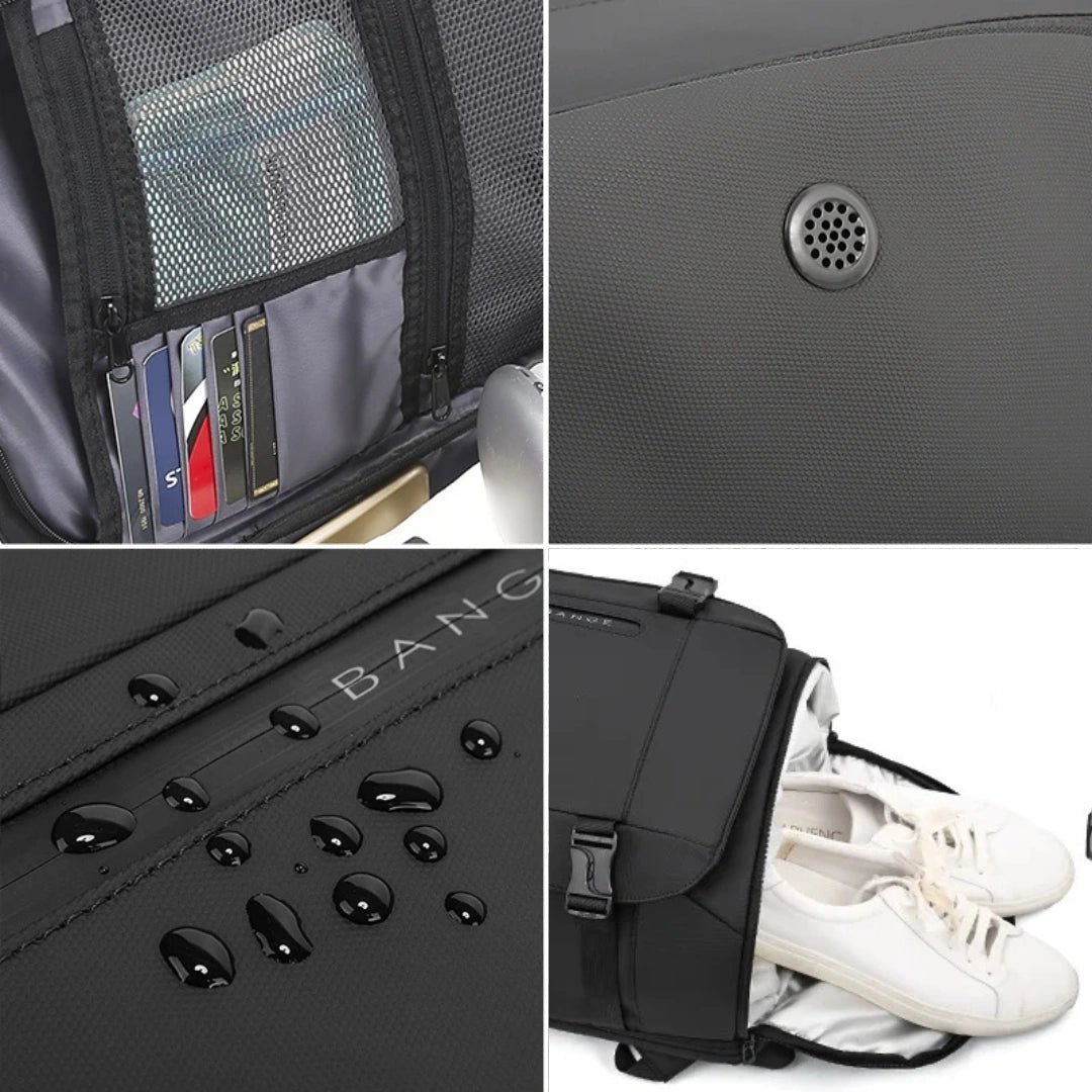 Detailaufnahme Innenorganizer: Mesh‑Tasche, Stiftschlaufen und Reißverschlussfach