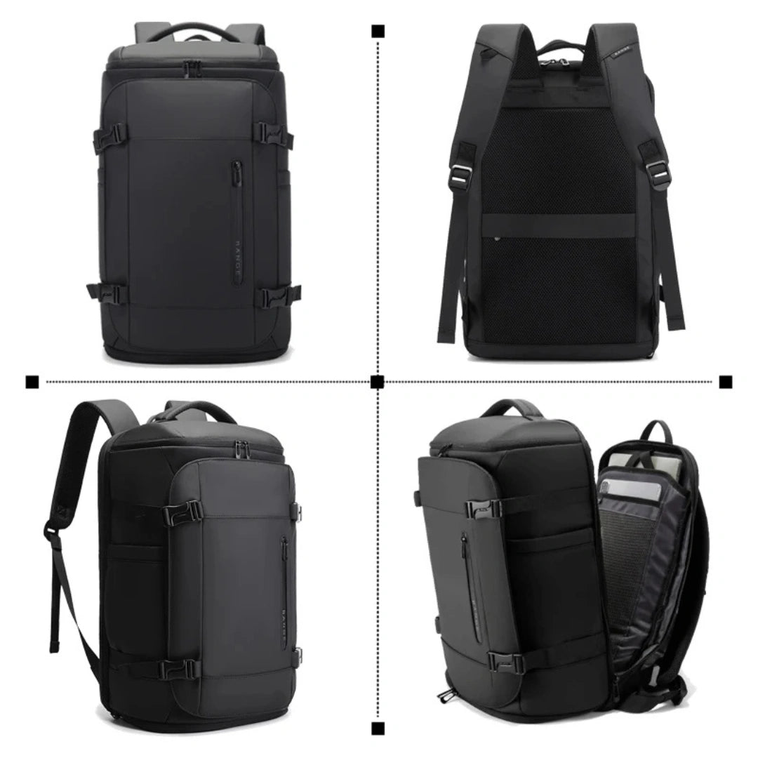Bange Airline Rucksack – rechte Seitenansicht mit Tragegriff und verstecktem Flaschenhalter