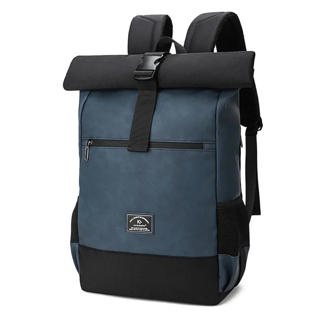 Kodger Bergen Roll‑Top Rucksack Blau/Schwarz – Frontansicht
