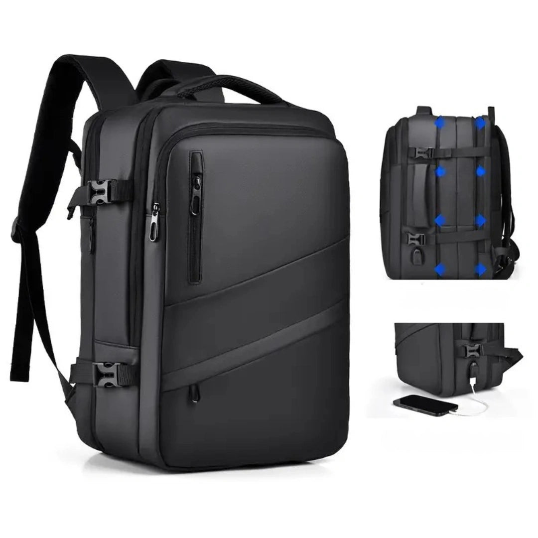 UrbanDay Rucksack Seiten‑/Rückprofil – Kompressionsriemen und Tragegriff sichtbar