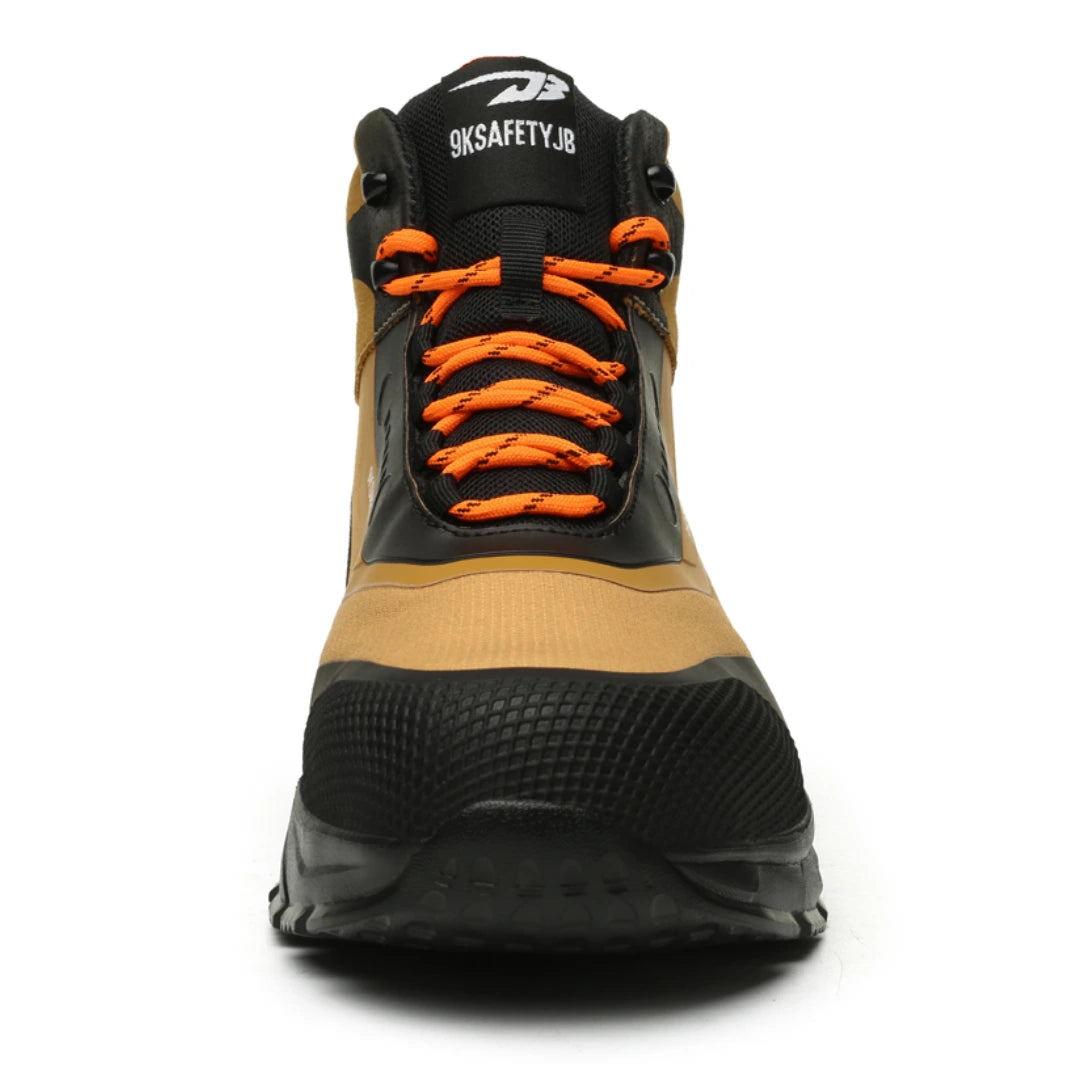 Ranger S3 Sicherheitsstiefel Sand/Schwarz – Vorderansicht, orange Schnürung