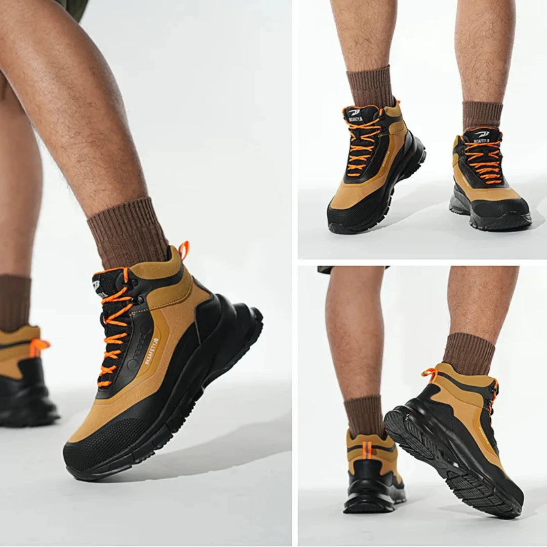 Ranger S3 Sicherheitsstiefel Sand/Schwarz getragen – zwei Perspektiven an den Füßen
