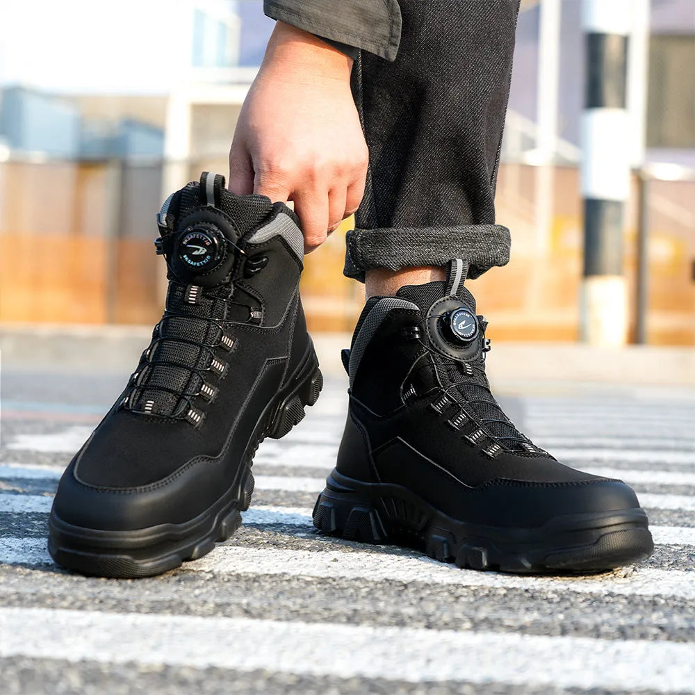 Henner S3 Stahl Sicherheitsschuh Schwarz am Fuß – Standposition auf Asphalt
