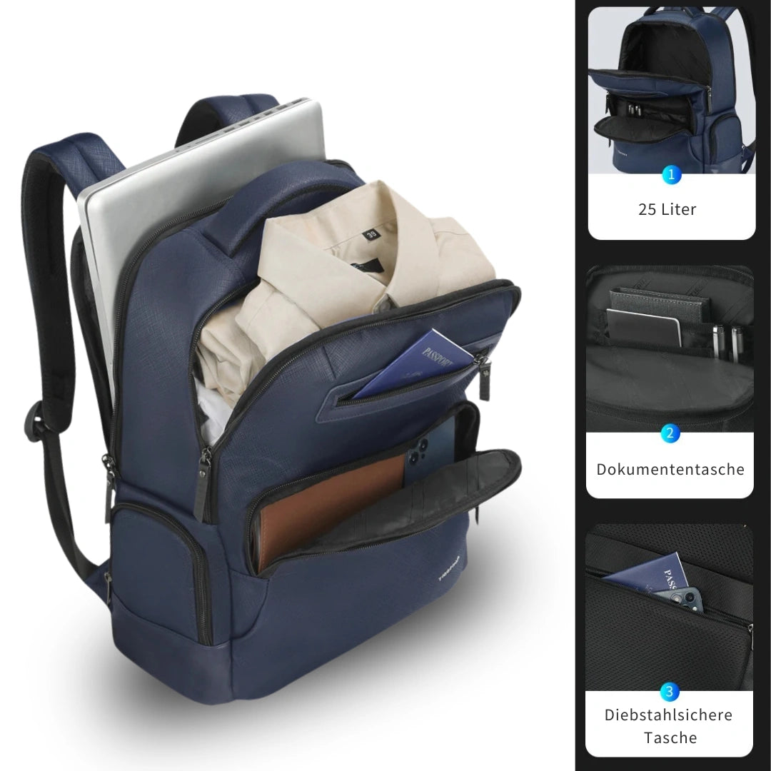 Henner Tiger 25 L – U‑Zip‑Frontöffnung mit Kleidung, Kulturbeutel und Laptopfach