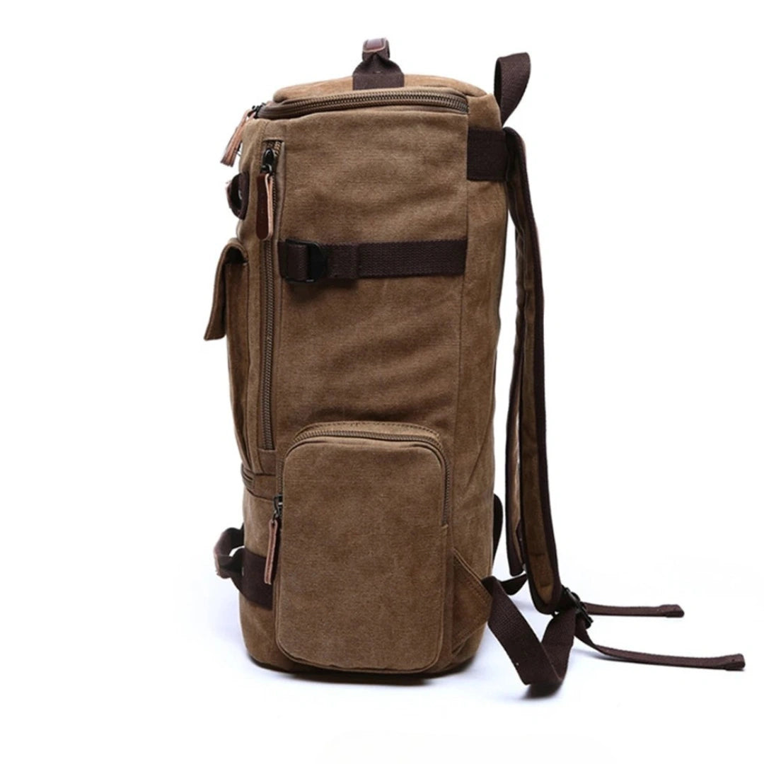 Seitenprofil Vulcan Vintage Rucksack Braun – Reißverschluss‑Seitentasche sichtbar