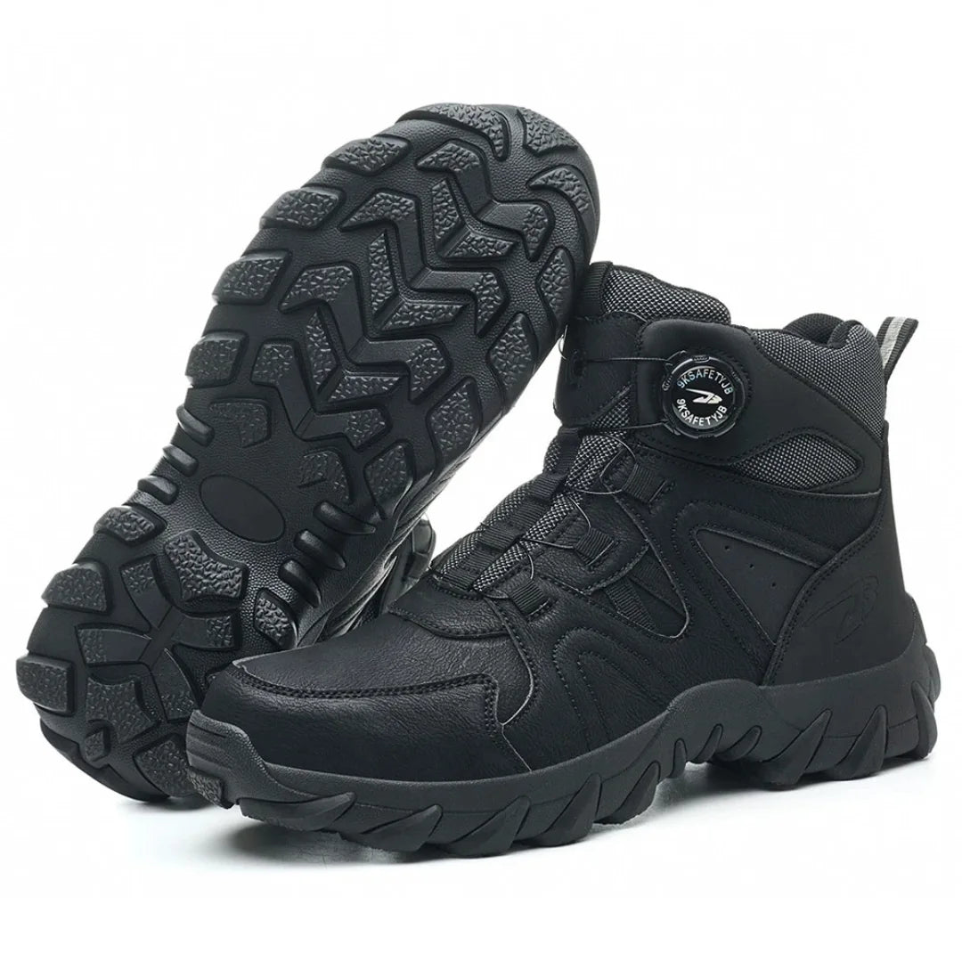 Paar Desert Pro S3 Stiefel Schwarz, übereinandergelegt, Sohlenprofil sichtbar