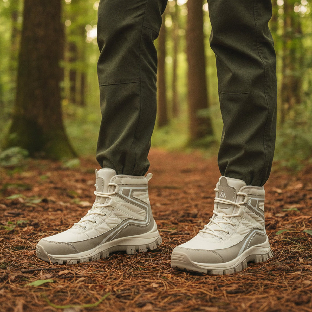 Henner Domea – Bequeme Outdoor-Schnürstiefel, warm gefüttert Wanderschuhe Damen in Beige – auf einem Waldweg