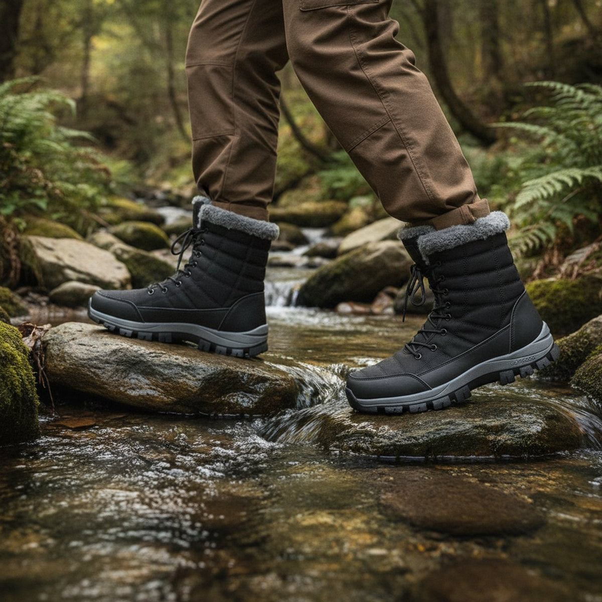 Henner Peak – Barfußschuhe für Winter und Outdoor Wanderschuhe Unisex in Schwarz – Überquerung eines Bachs