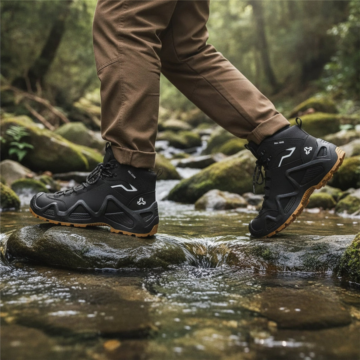 Henner Mount Wanderschuhe Unisex in Schwarz – Überquerung eines Bachs