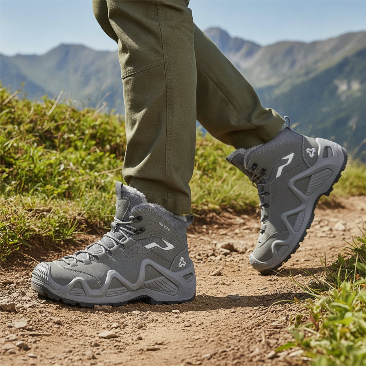 Henner Hennert Mount 2.0 Warmfutter Wanderschuhe Unisex in Grau – seitliche Gehbewegung auf dem Wanderweg
