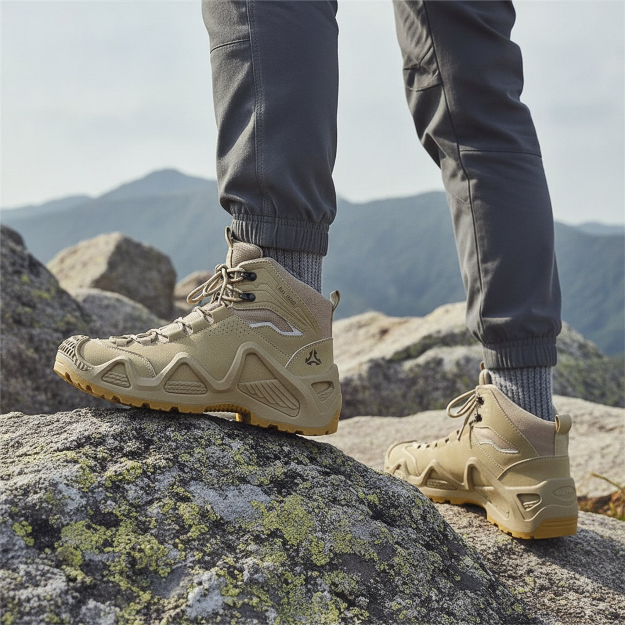 Henner Mount Wanderschuhe Unisex in Beige – Fuss auf einem Felsen am Bergpfad