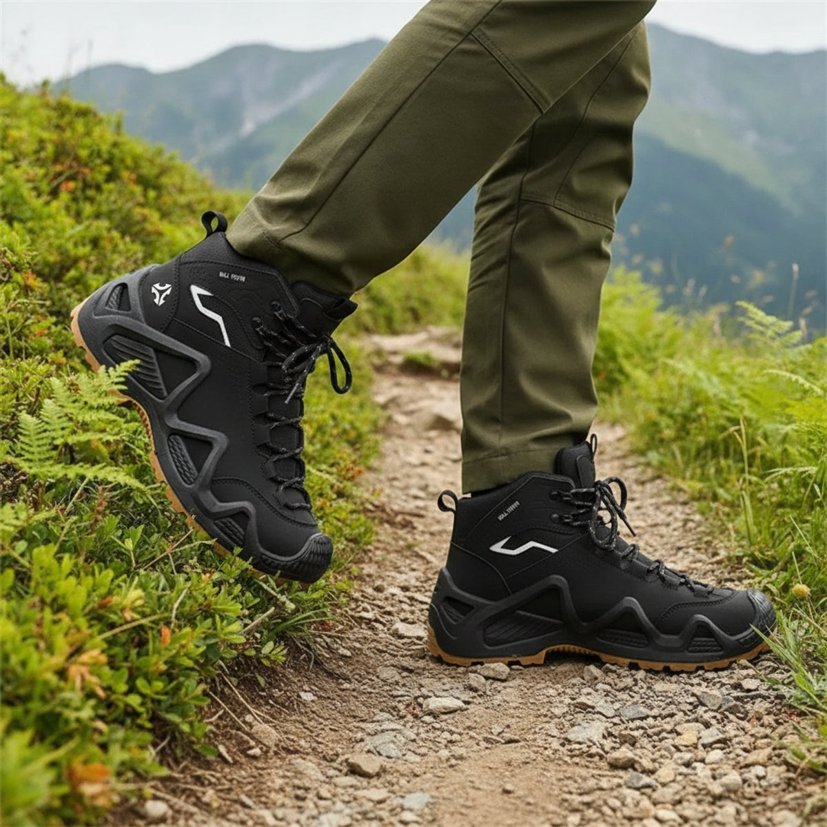 Henner Mount Wanderschuhe Unisex in Schwarz – seitliche Gehbewegung auf dem Wanderweg